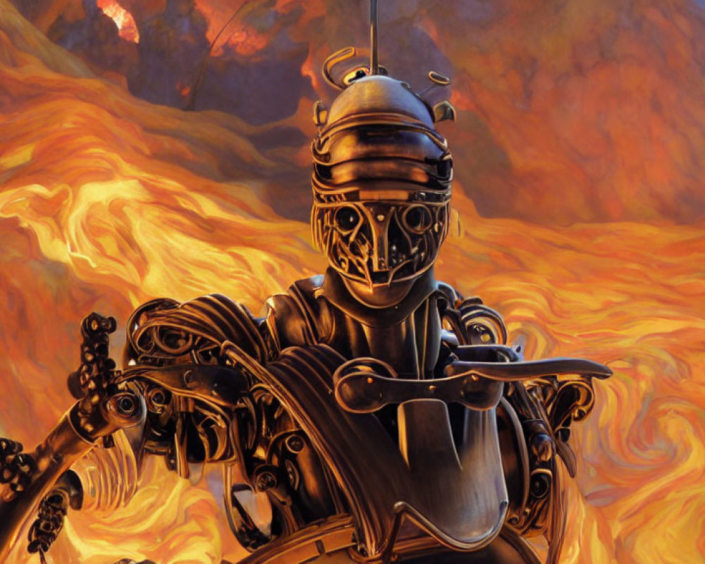 Armored robot knight with sword on rock in fiery lava backdrop