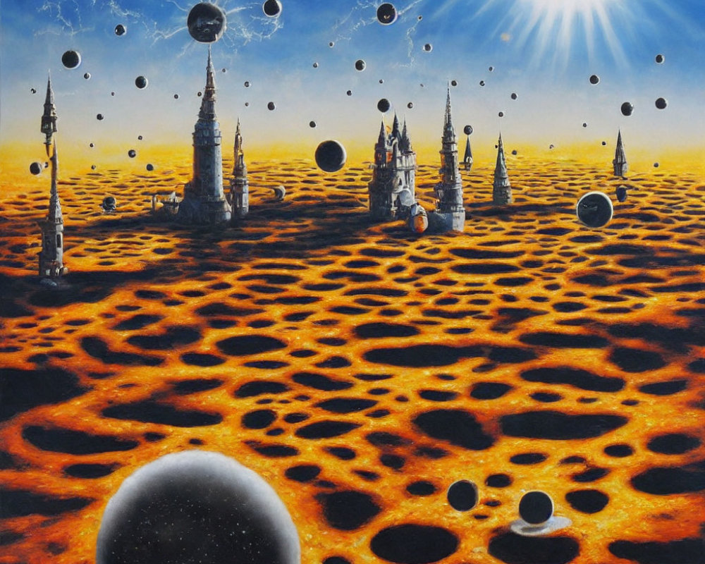 Surreal landscape with floating spheres, castles, and vibrant sun