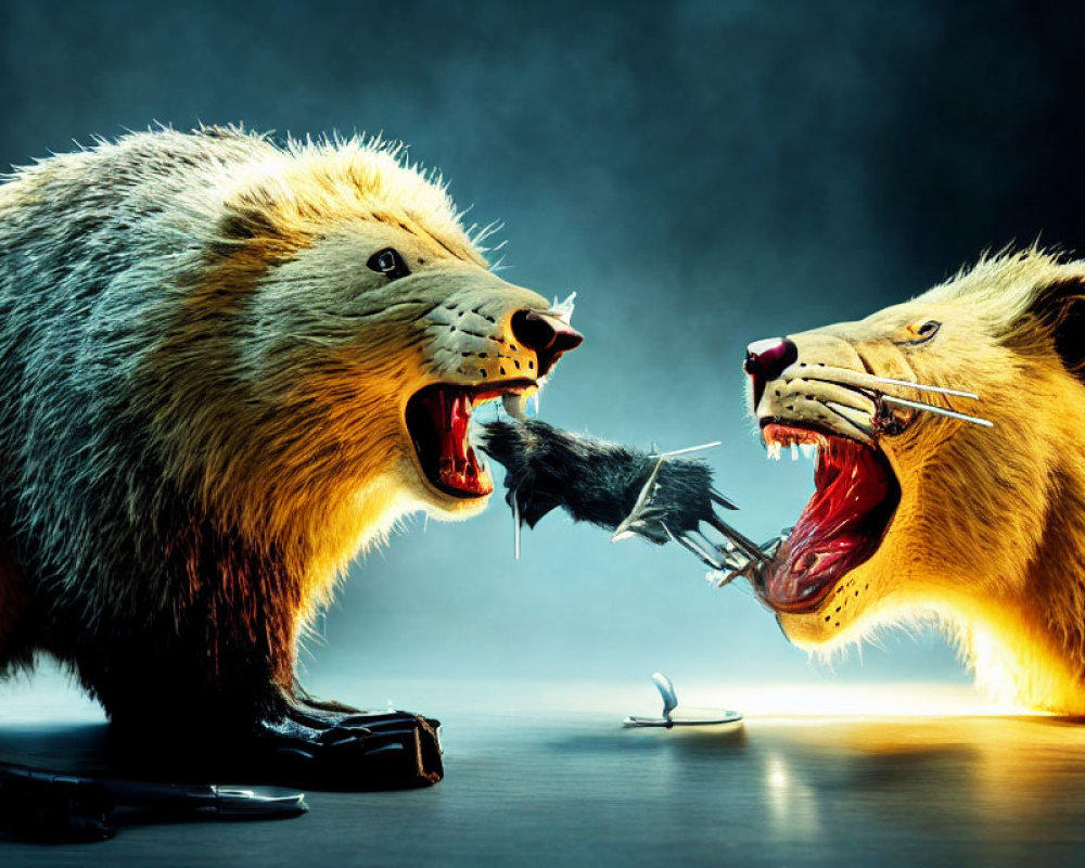 Stylized bears in fierce confrontation with barber tools on dark background