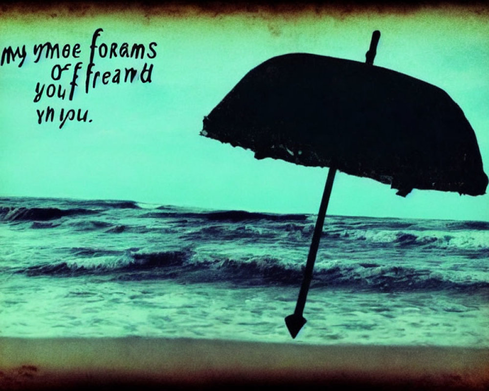 Silhouette of upside-down umbrella against turbulent sea with scrambled text.