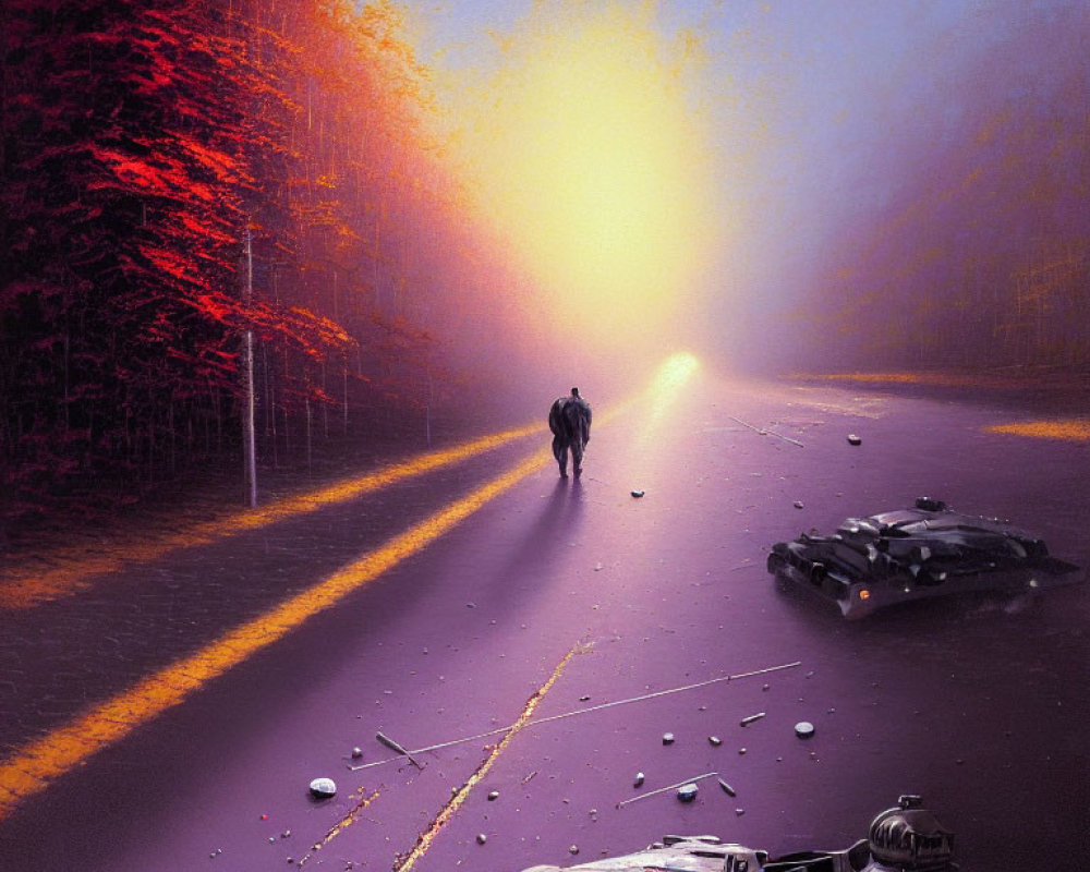 Person walks away from crashed hover-cars on misty road amidst autumn forest.