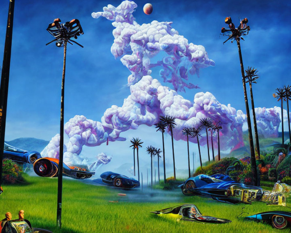 Surreal landscape with floating cars and whimsical clouds