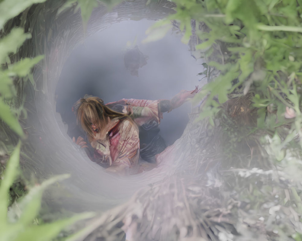 Person climbing through narrow plant-lined tunnel above reflective water surface