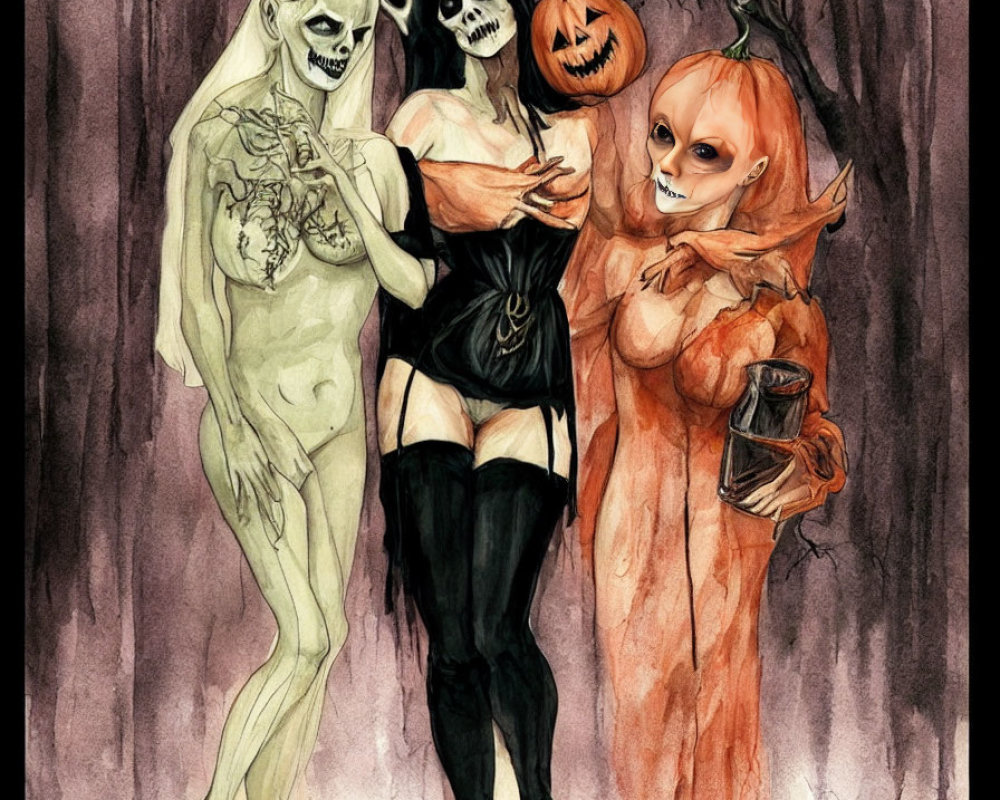 Three Halloween Creatures in Spooky Forest Scene