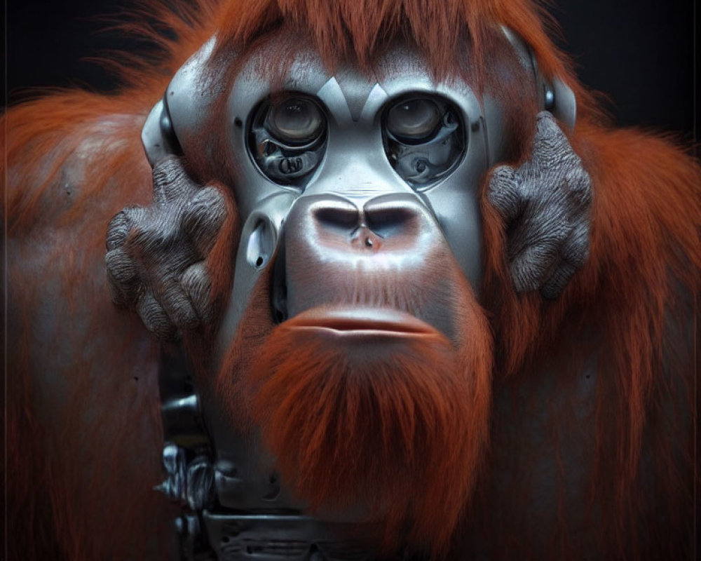 Orangutan with Mechanical Parts and Contemplative Expression