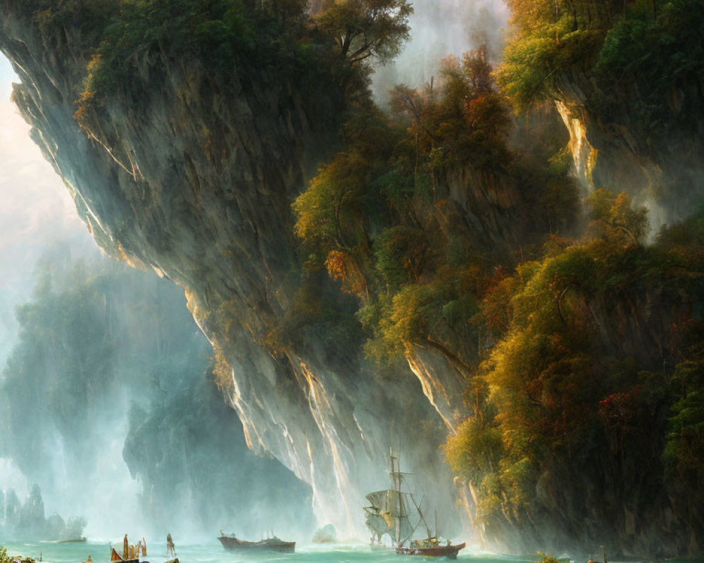 Scenic cliff with waterfalls and sailboats on misty river