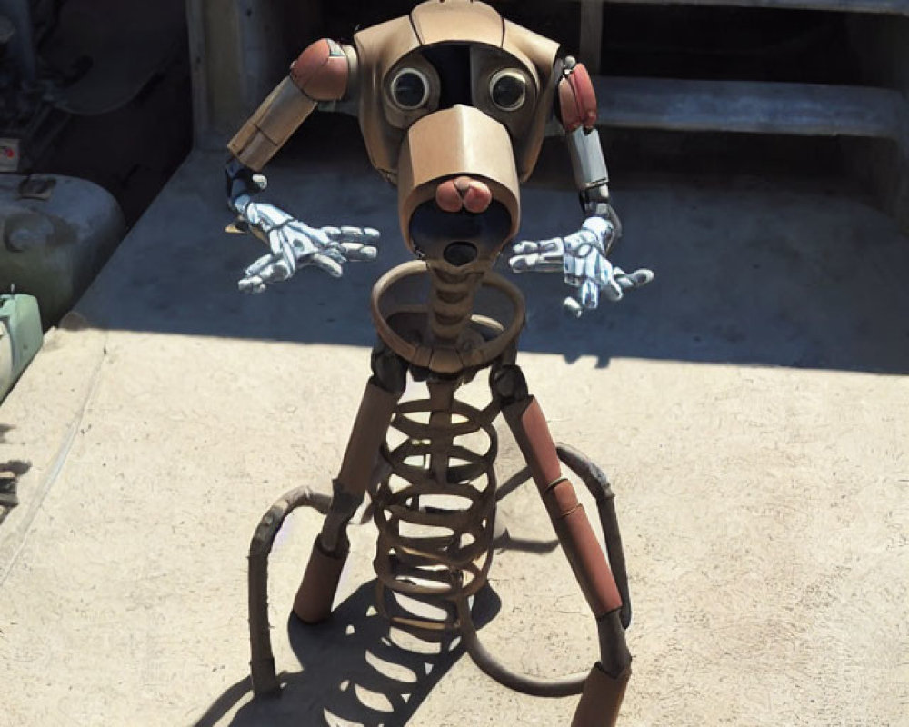 Metal dog sculpture with mechanical parts and white skeletal forelegs outdoors.