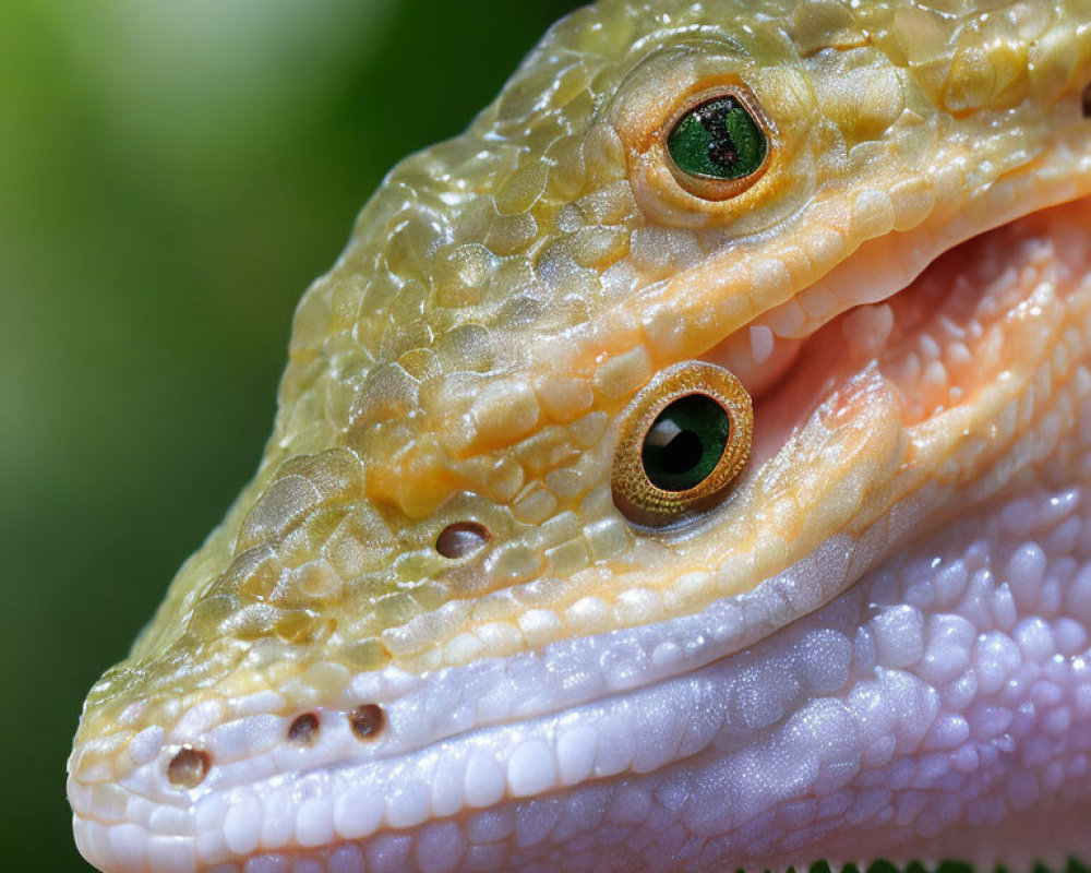 Detailed reptile head with textured scales, green eye, and pink tongue.