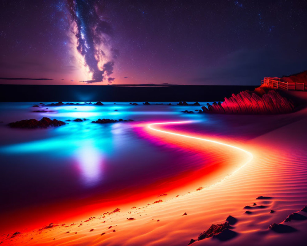 Stunning Milky Way over surreal red and blue beach with rocks and wooden walkway