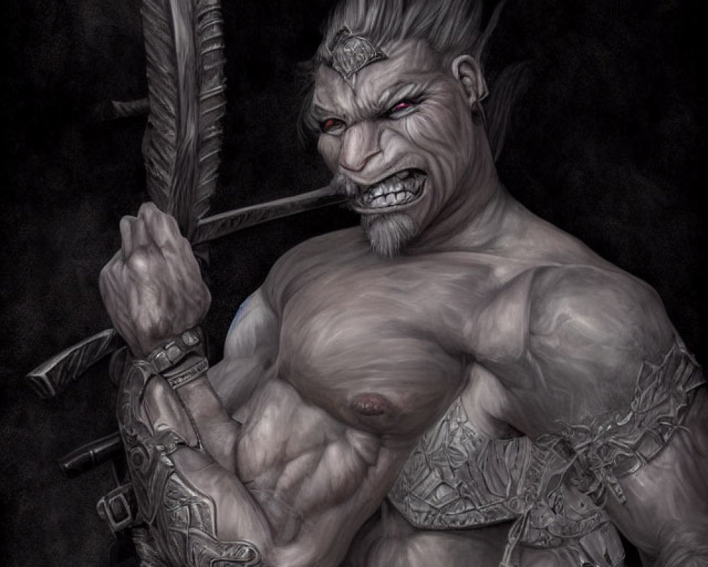 Monochromatic fantasy illustration of a muscular orc with tusks and red eyes holding a feathered pen