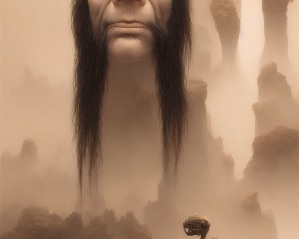 Surreal image: giant face with mountain hair, tiny figures on cliffs in fog