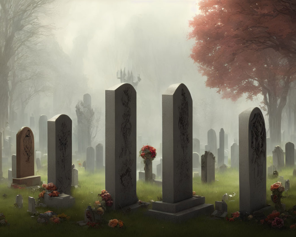 Foggy graveyard scene with tombstones and autumn trees