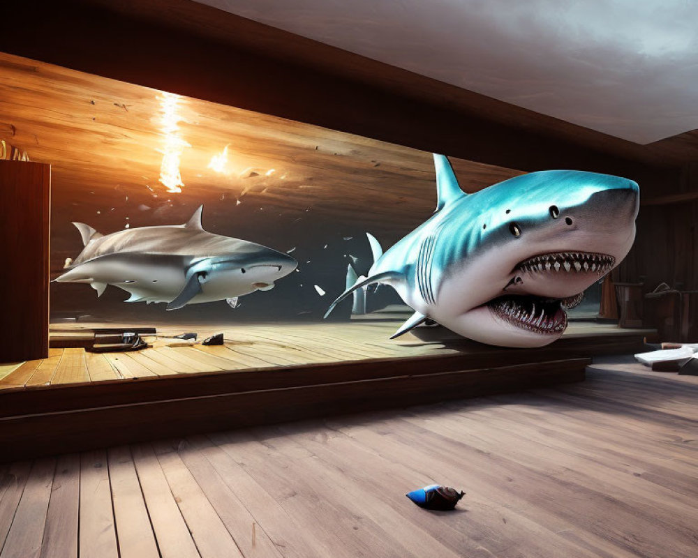 3D-rendered shark breaking through wooden floor with sunlight and another shark