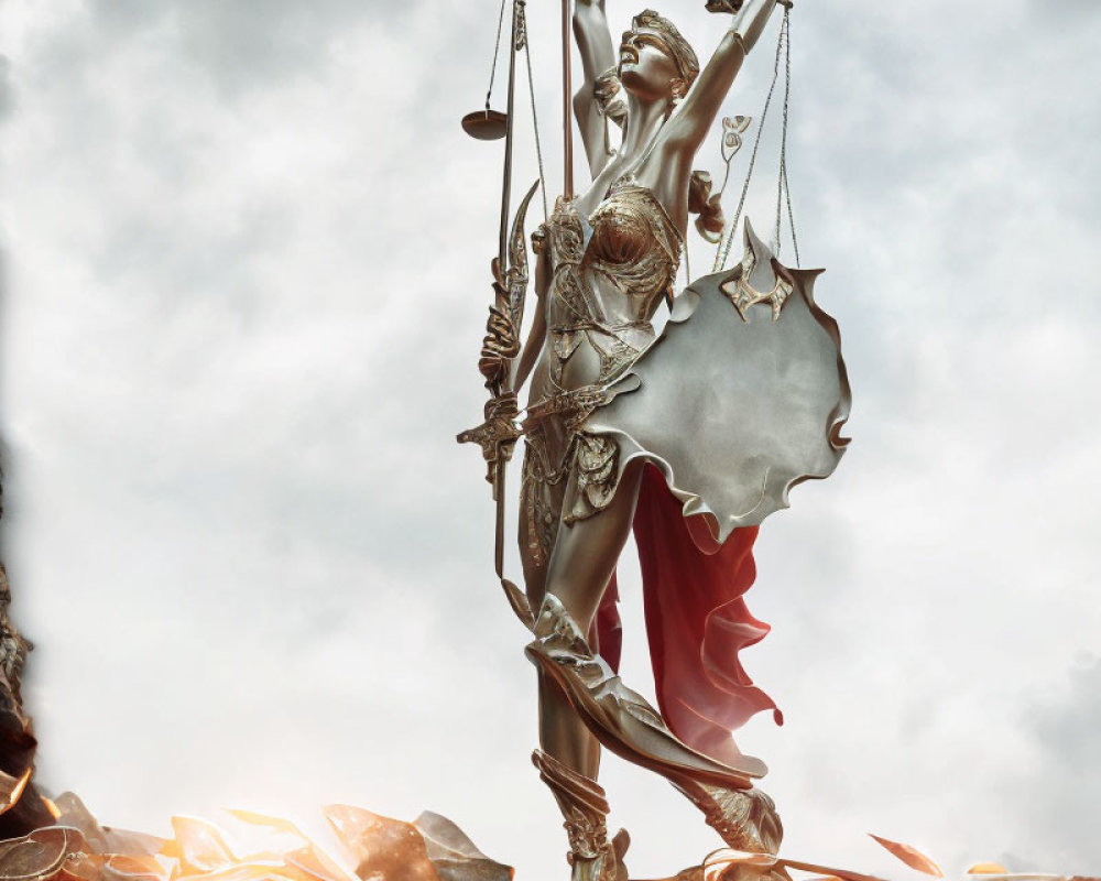 Lady Justice Statue with Scales and Sword on Cloudy Sky