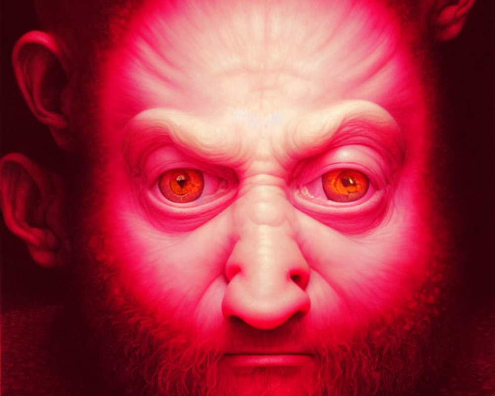 Surreal portrait with vivid red and pink colors, creature with human-like features, intense orange eyes