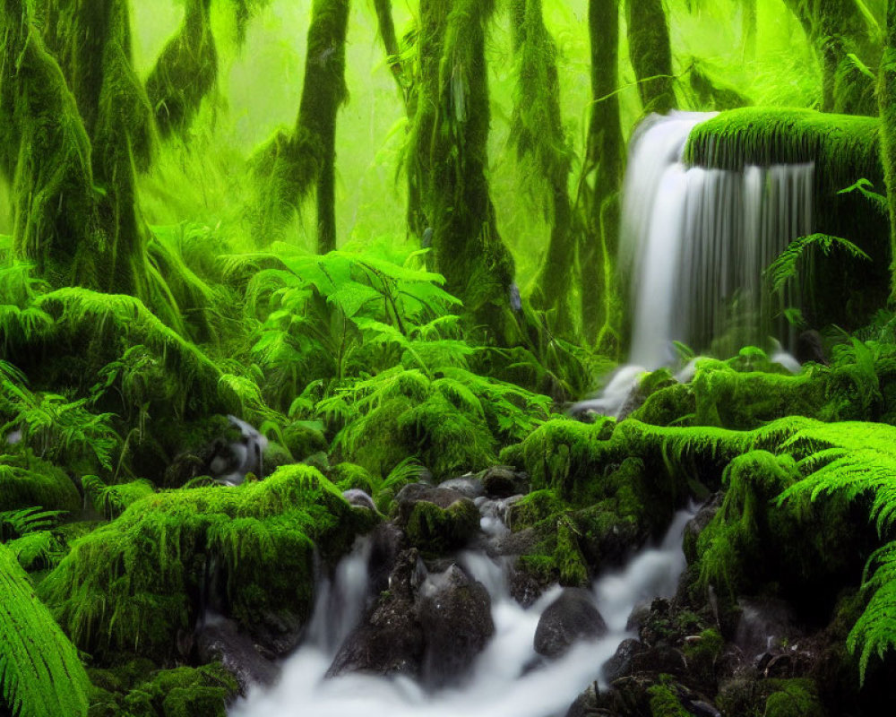 Tranquil waterfall in mossy forest with green ferns