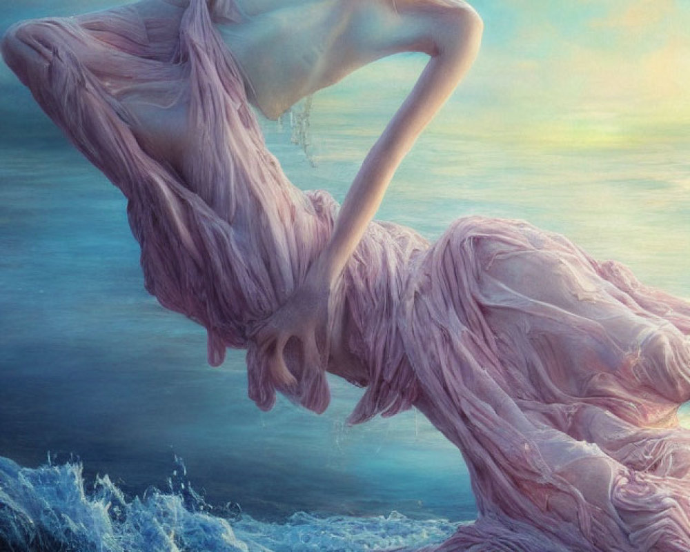 Woman depicted with pink fabric by ocean and sky backdrop symbolizing freedom.