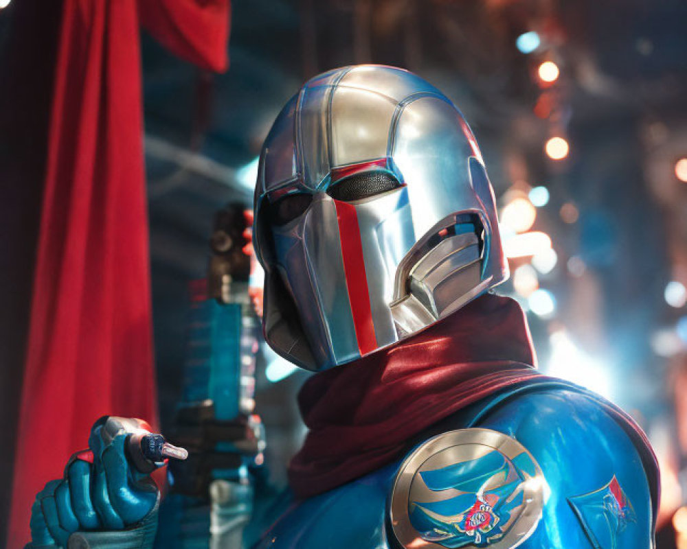 Shiny blue and silver costume with red accents and helmet, holding a device