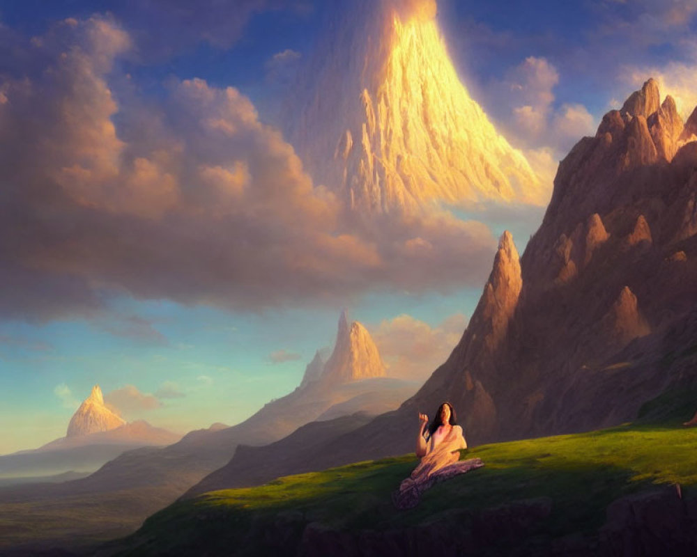 Fantasy landscape with two figures and majestic mountains