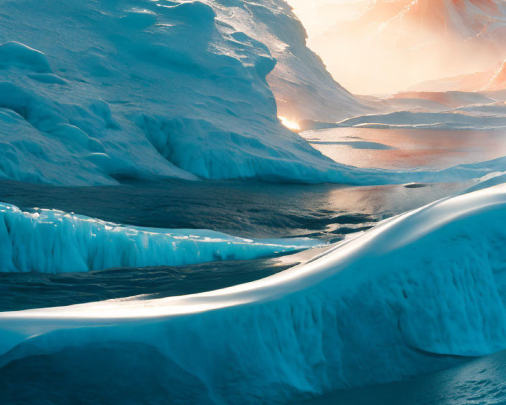 Antarctic Landscape: Sunset Illuminates Blue Sea Ice