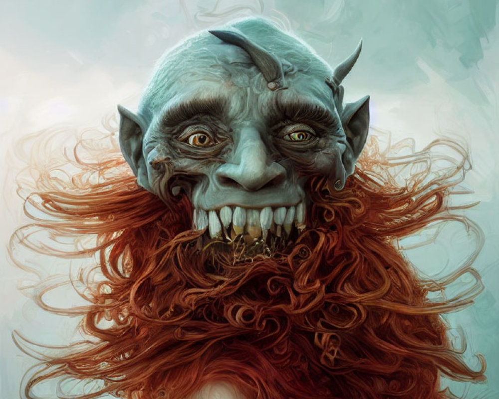 Fantasy creature with blue skin, sharp teeth, horns, and person with red hair depicted in portrait