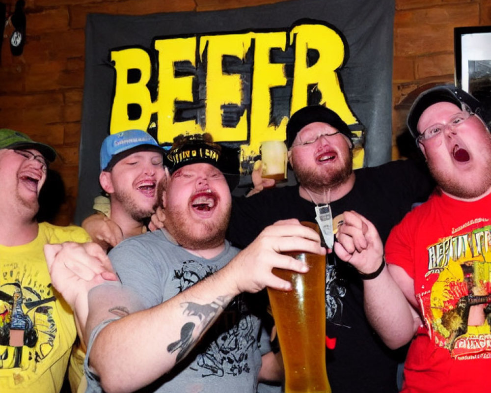 Group of friends posing with large beer glass in front of yellow "BEER" banner