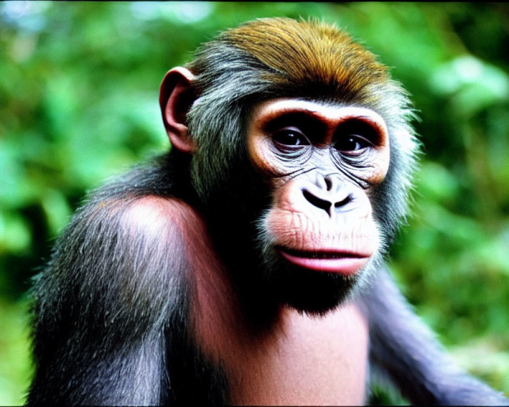 Young primate with dark fur in close-up against green forest backdrop