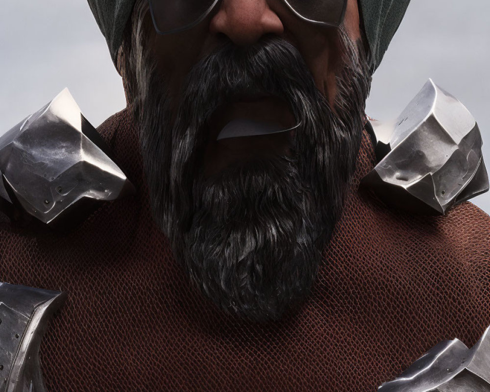 Bearded character in turban, sunglasses, armor, under cloudy sky