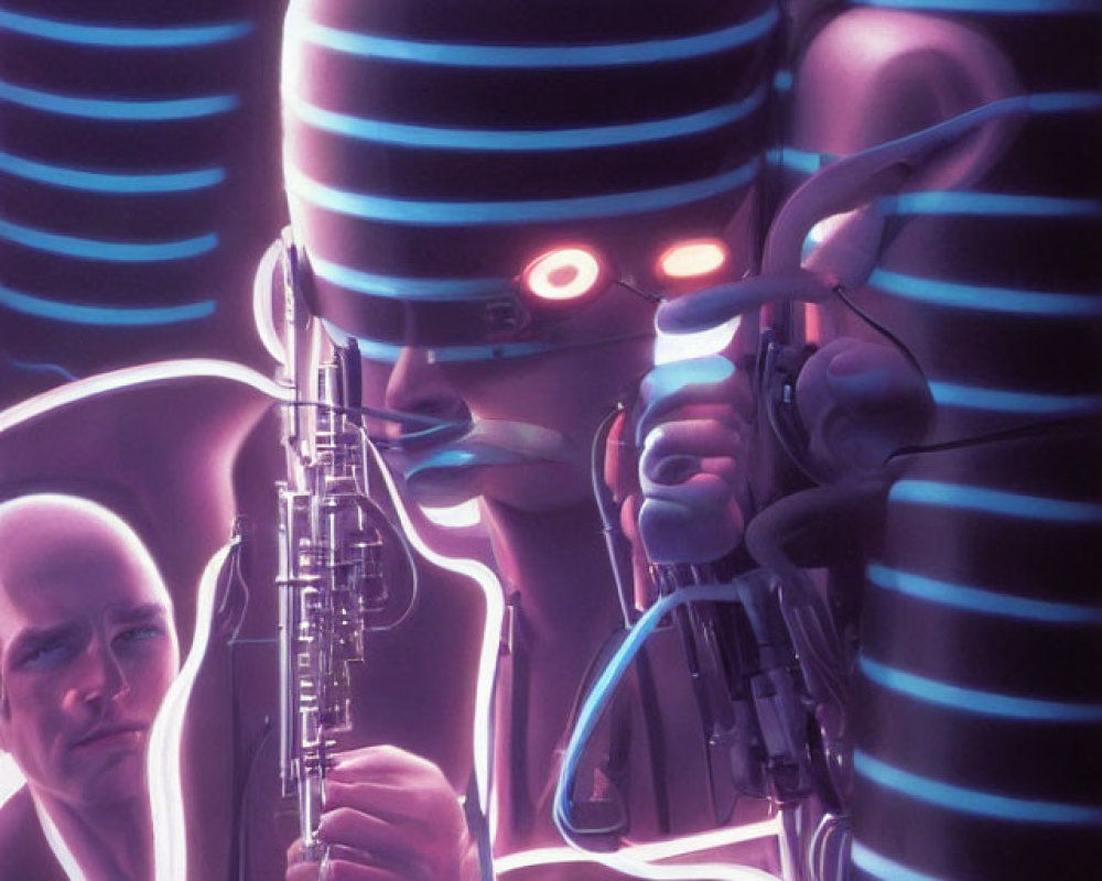 Futuristic illustration of humanoid robot playing saxophone with glowing red eyes