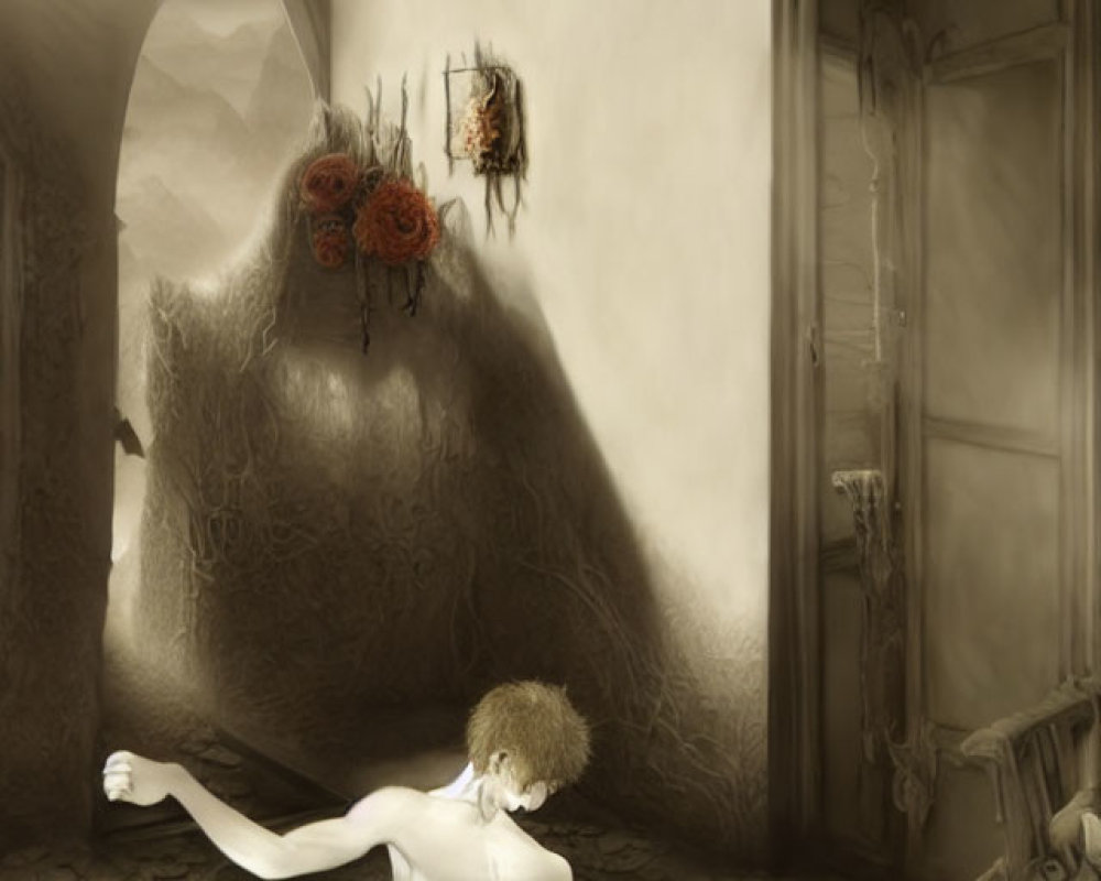 Surreal artwork of naked humanoid and monstrous figure with red eyes