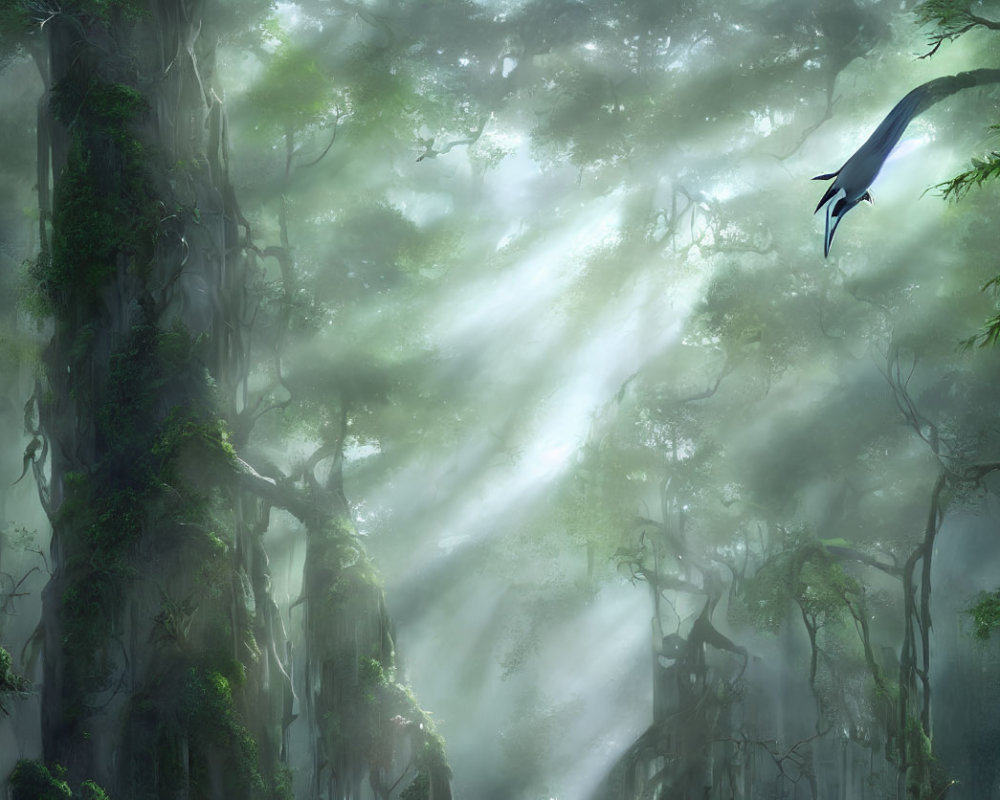 Mystical forest with moss-covered trees, sunlight beams, and flying bird