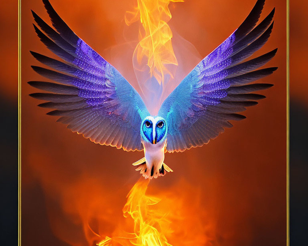 Colorful owl with outstretched wings flying over orange flames