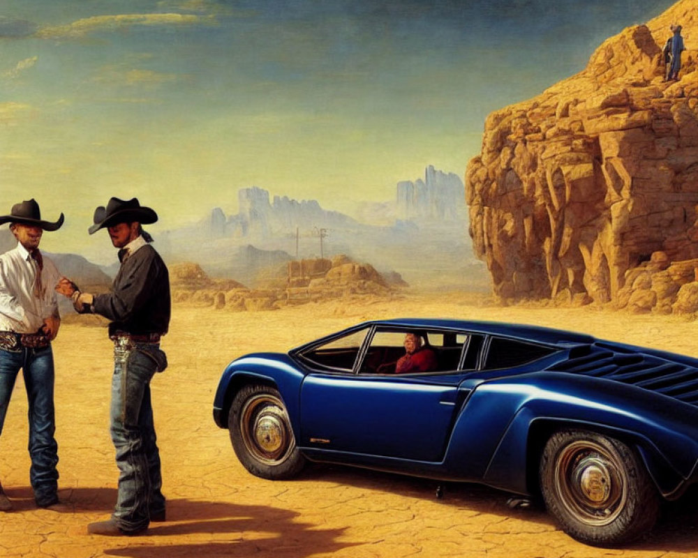 Cowboys with classic blue sports car in desert landscape.