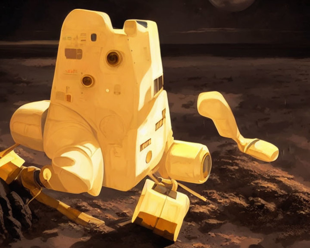 Yellow and White Humanoid Robot Kneeling on Rocky Lunar Terrain