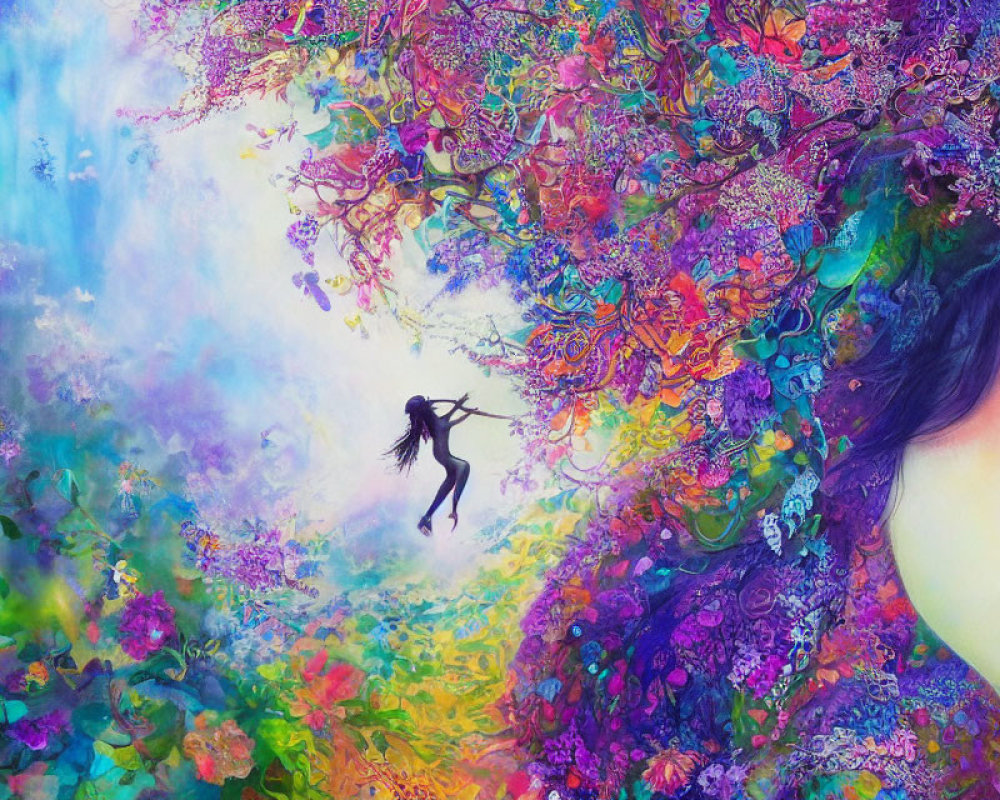 Colorful surreal artwork: woman's face, whimsical tree, dancing figure