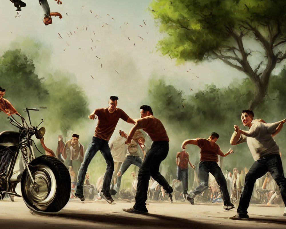 Stylized street brawl illustration with men fighting, motorcycle, and spectators