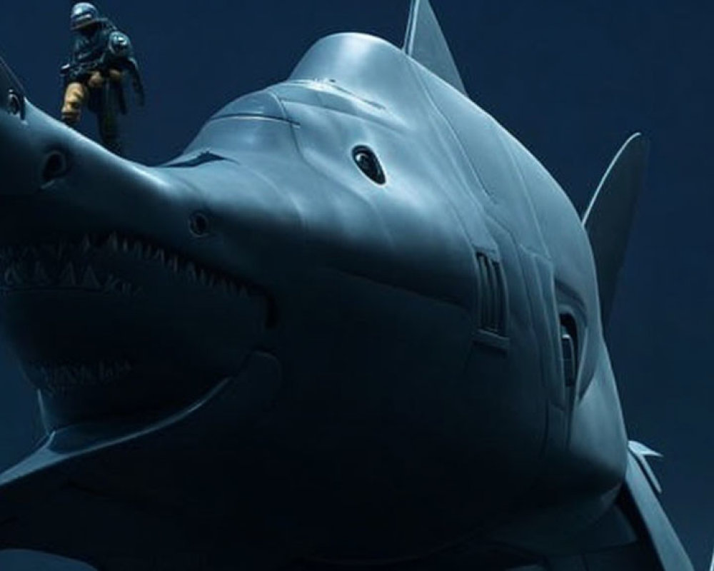 Diver swimming above menacing mechanical shark in dark underwater scene