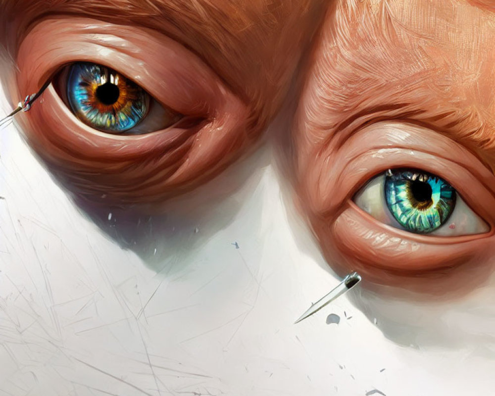 Detailed digital painting of blue eyes with brush strokes and needle-like object.