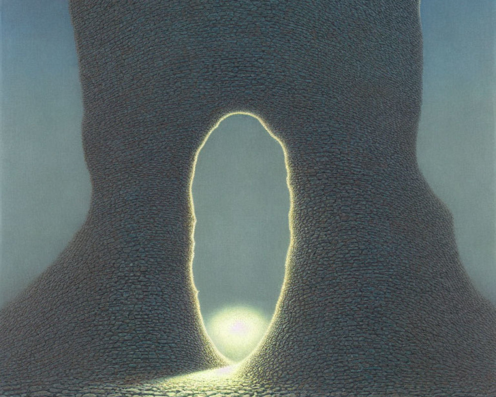 Surreal painting: Massive tree trunk with glowing portal on cobblestone surface