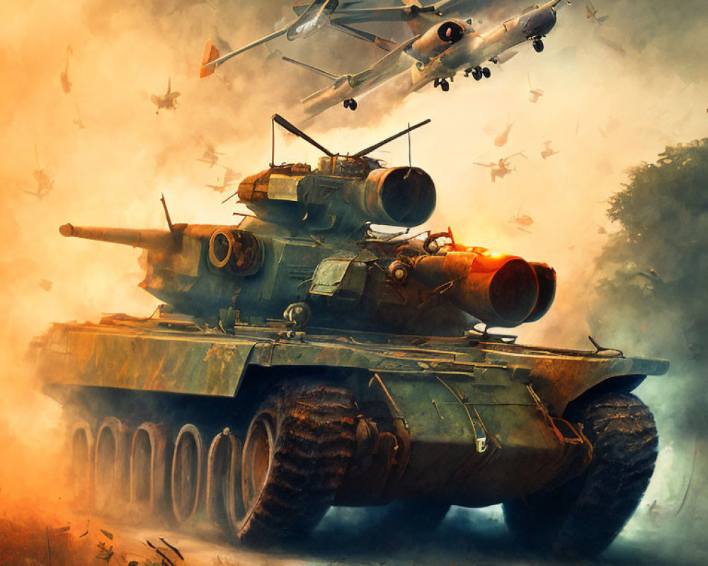 Digital artwork of battle scene with tank and fighter jets