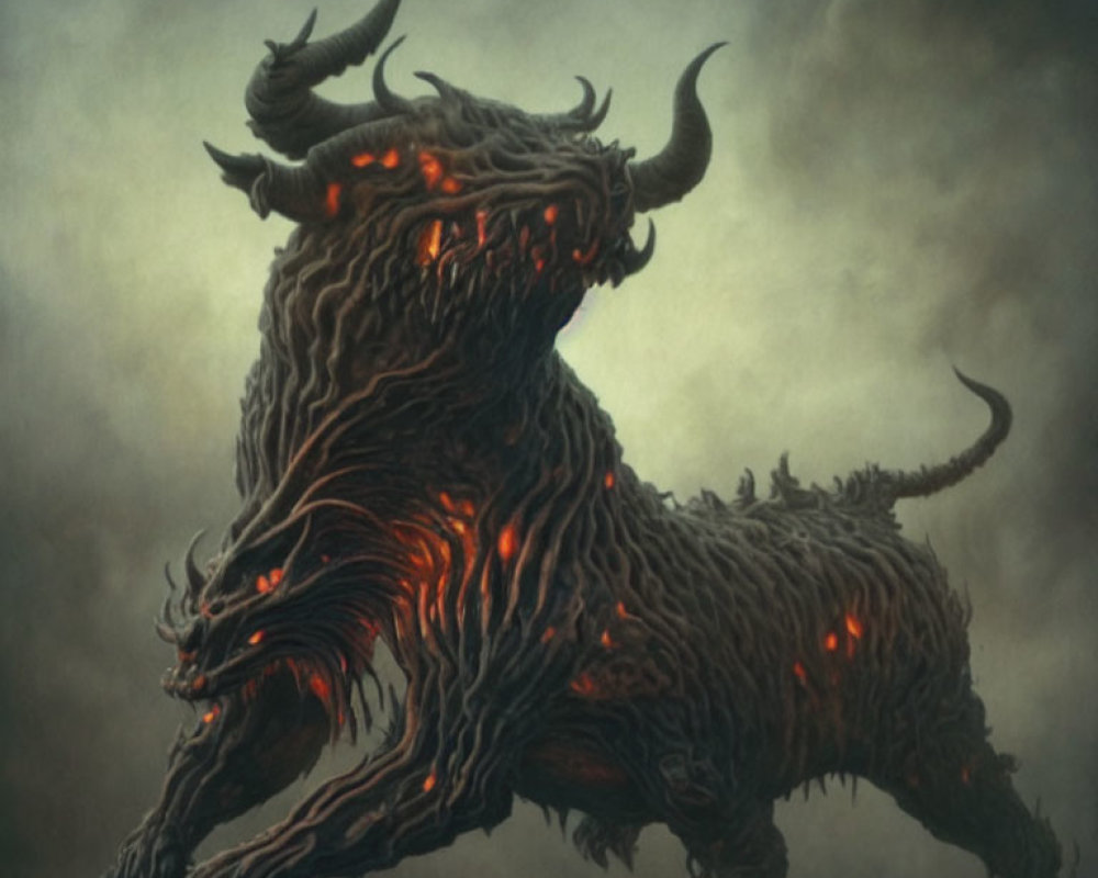 Menacing mythical beast with glowing red eyes and sharp horns