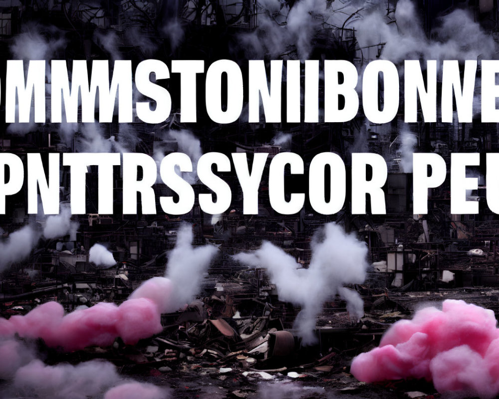 Chaotic scene with rubble, pink smoke, and jumbled text