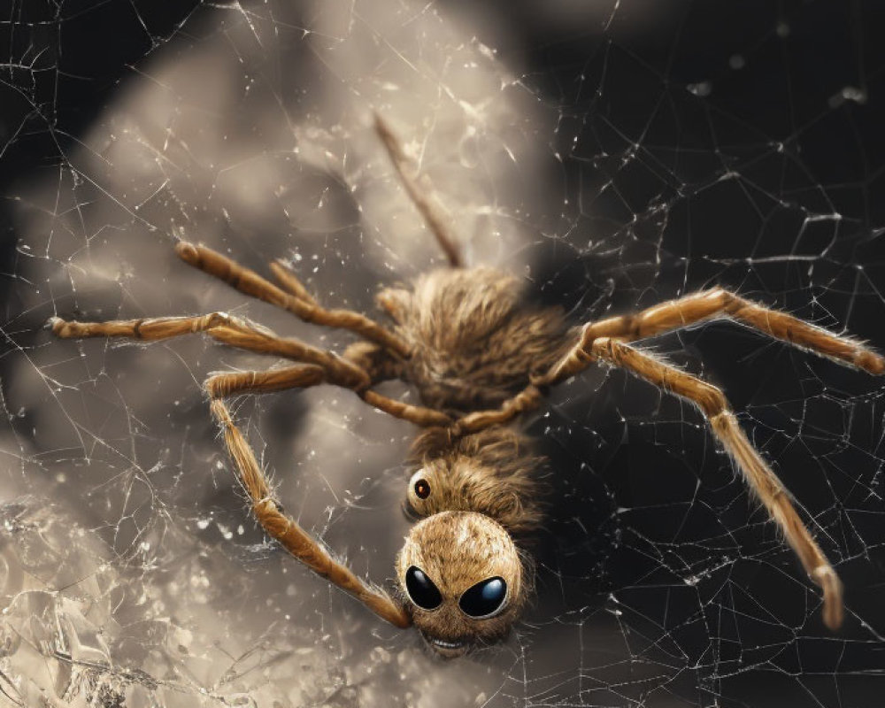 Spider with Large Cartoon Eyes on Delicate Web Structure