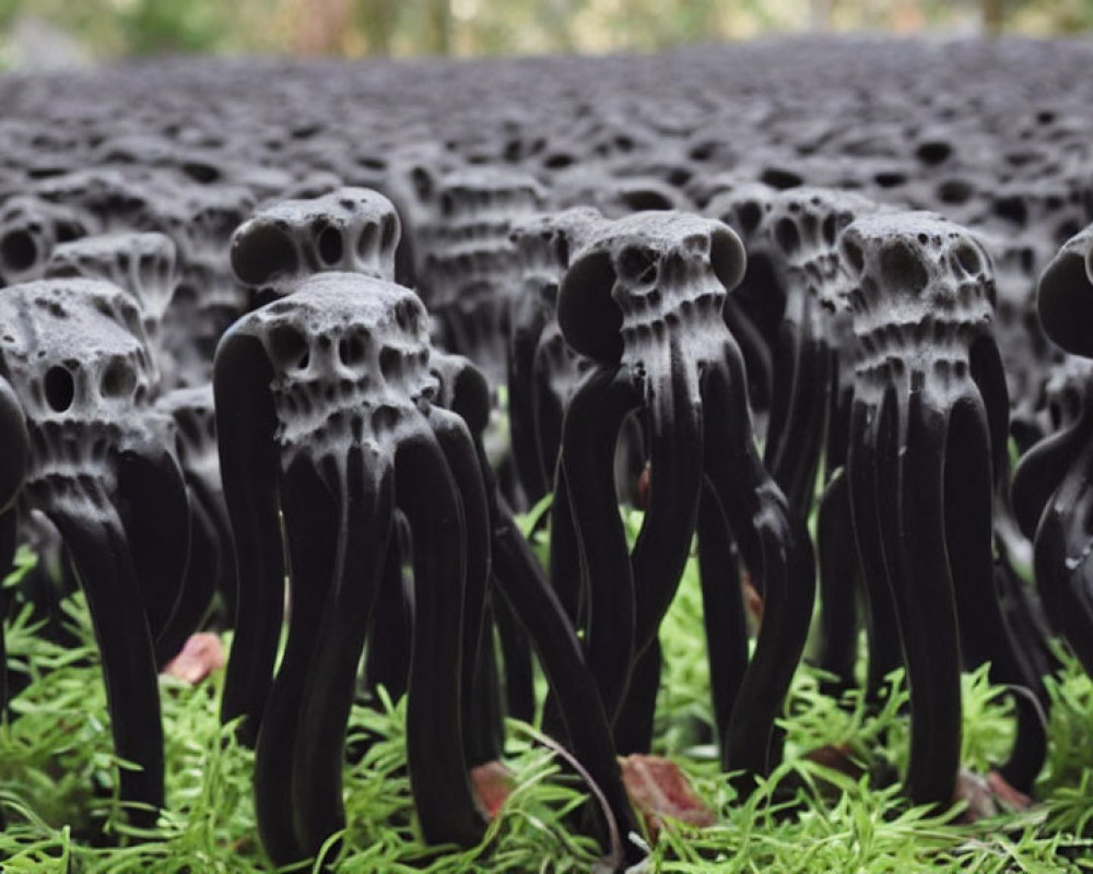 Cluster of Black Skull-Shaped Mushrooms in Green Foliage