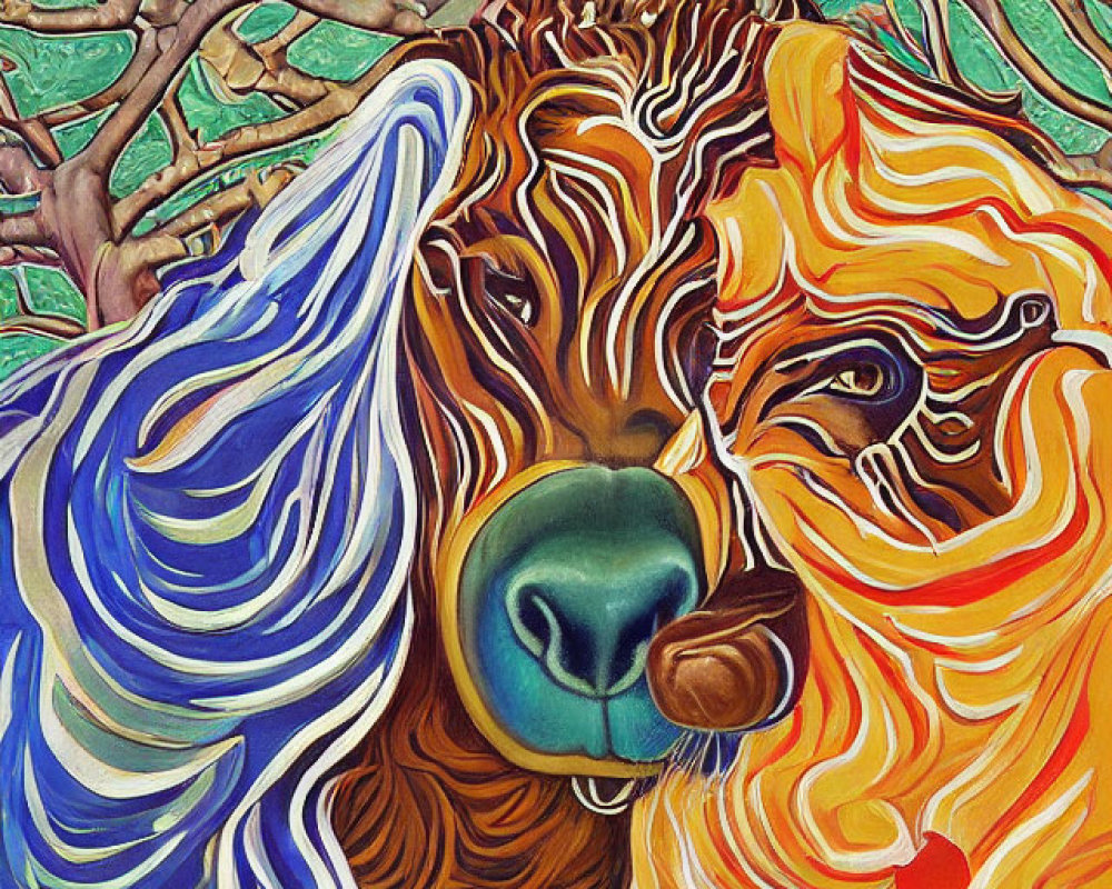 Vibrant painting: Two zebras embracing in front of swirling tree branch backdrop