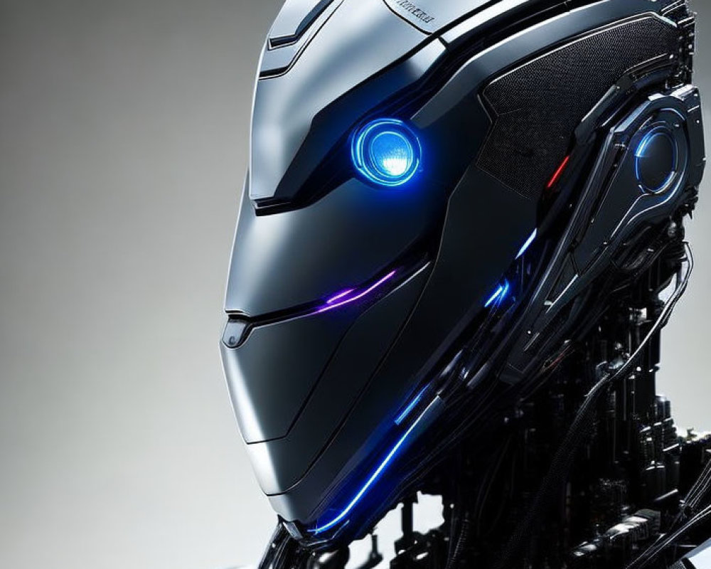 Futuristic robot head with blue glowing eye and metal plating