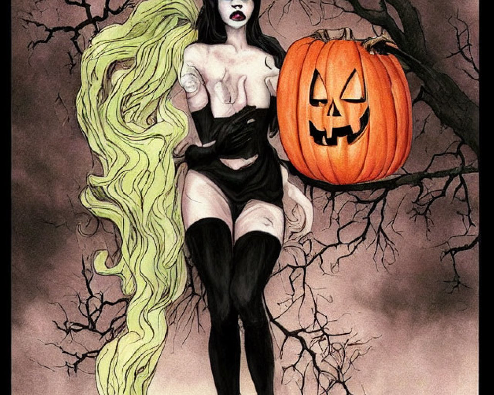 Illustration of pale woman with blonde hair, horned headpiece, holding pumpkin, barren trees.