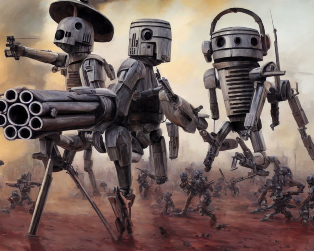 Illustration of Three Robots with Guns in Battlefield