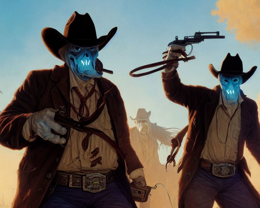 Stylized cowboys with blue skull-like faces in Wild West setting