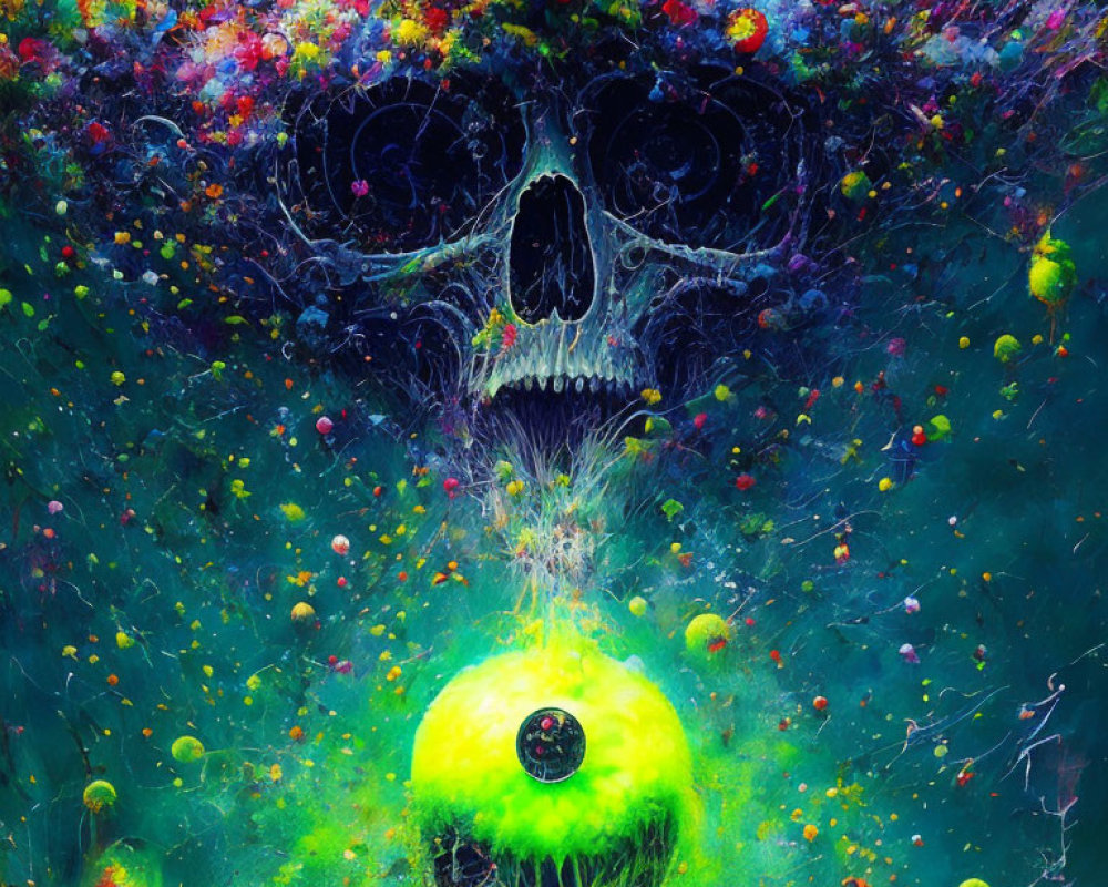 Colorful surreal artwork: skull and apple in mystical chaos